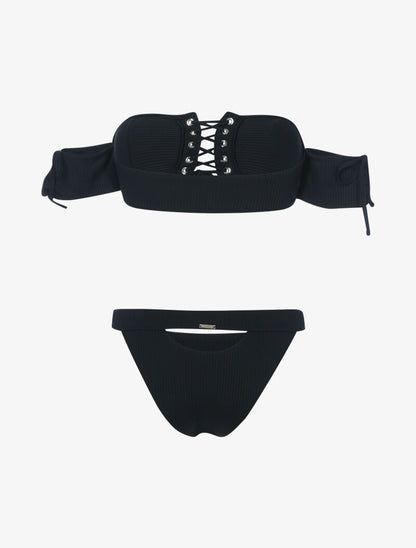 Bikini côtelé à corsage et tanga ajouré - noir - 2