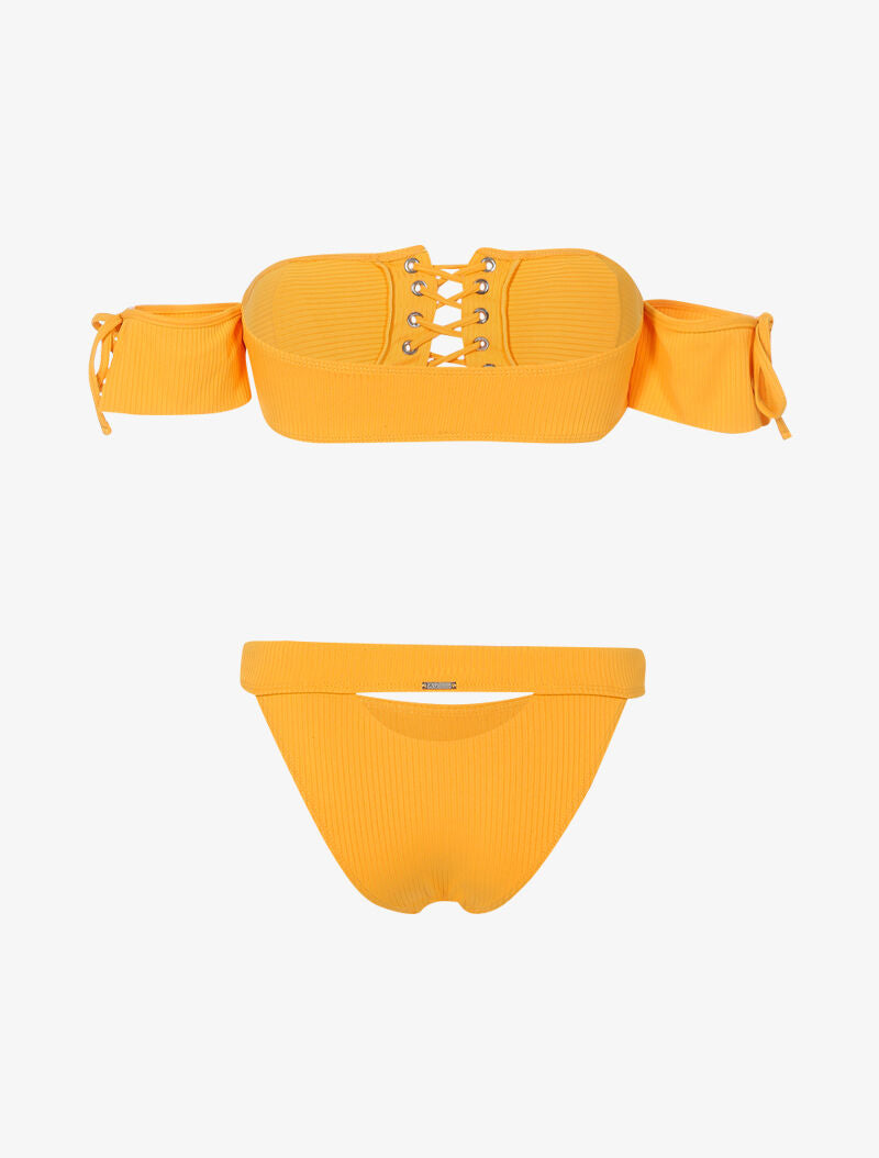 Bikini côtelé à corsage et tanga ajouré - moutarde - 2