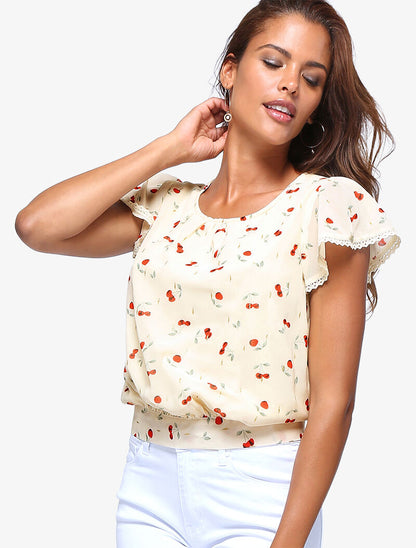 Top court à imprimé cerises - beige - 3