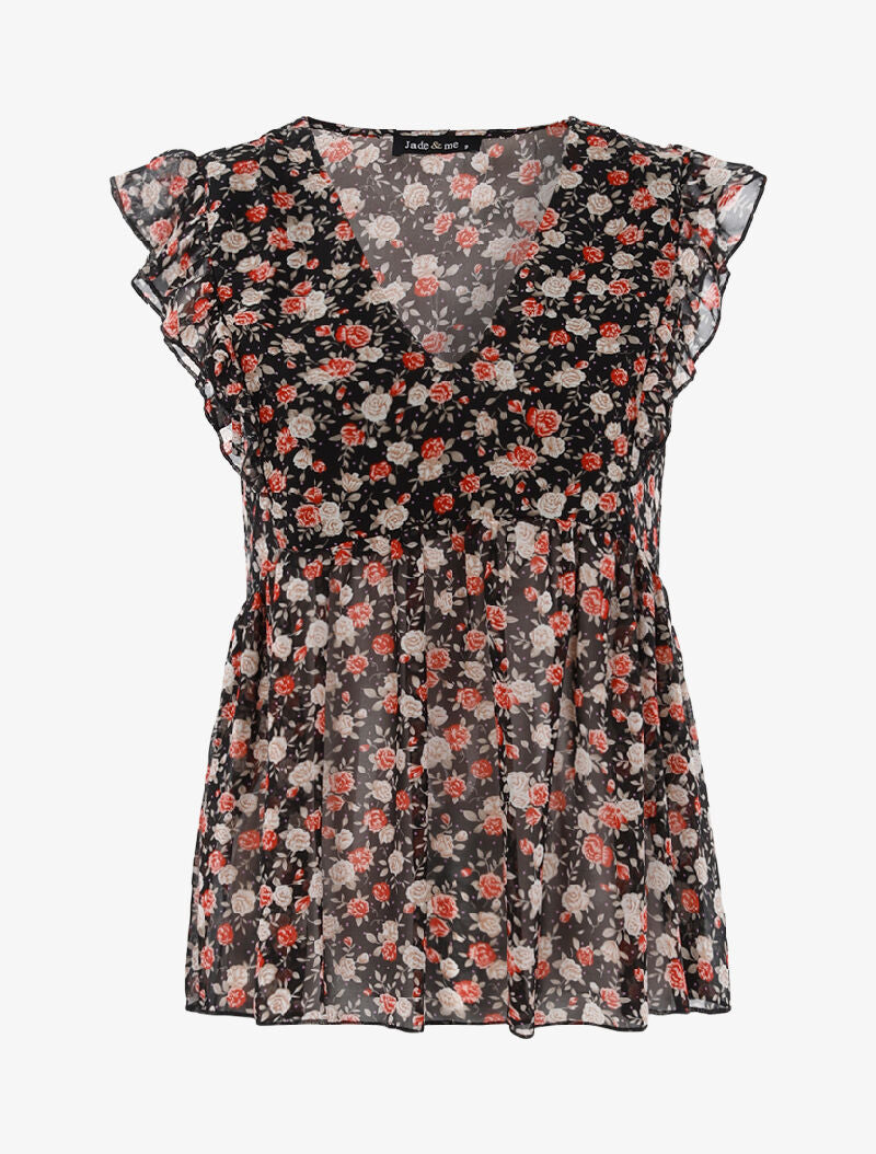 Top transparent fleuri - noir - 1