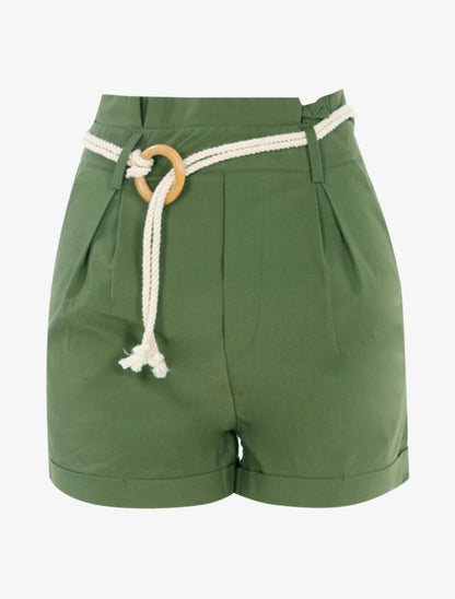 Short uni avec ceinture style corde - kaki - 1