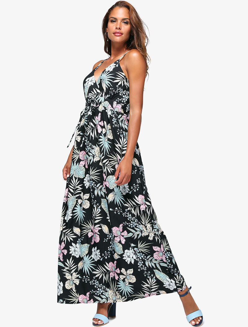Robe fleurie à encolure cache-coeur - noir - 5