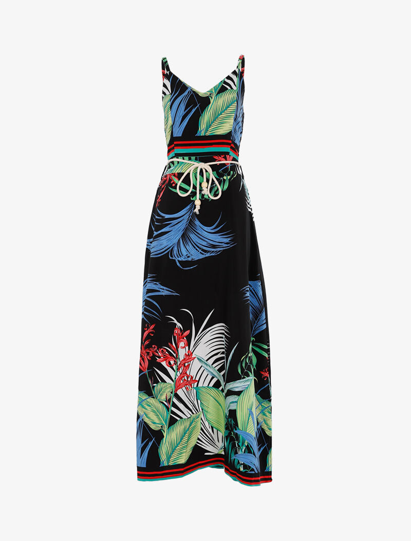 Robe à imprimé feuillages et détails rayés - noir - 1