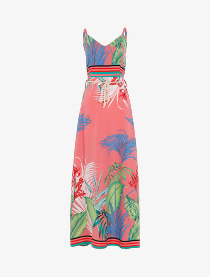 Robe à imprimé feuillages et détails rayés - rose - 1