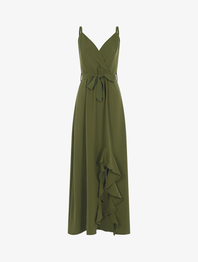 Robe longue à bord fendu volanté - kaki - 3