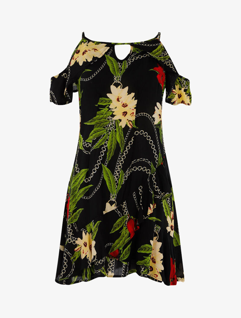 Robe légère à imprimé floral et chaînes - noir - 1
