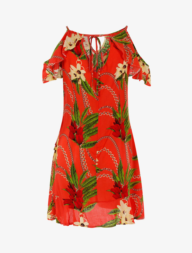 Robe légère à imprimé floral et chaînes - rouge orangé - 2