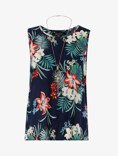 Top à imprimé fleuri et sautoir - marine - 3