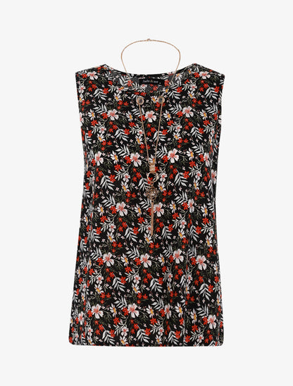 Top à imprimé fleuri et sautoir - noir - 1