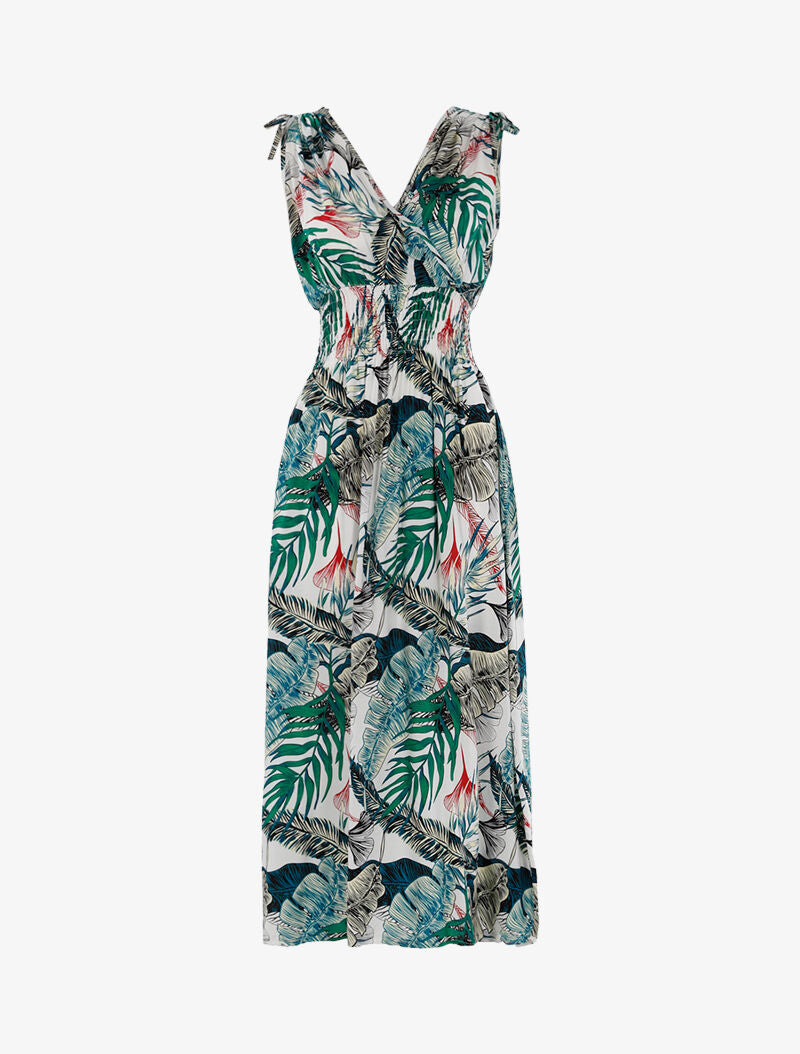 Robe à buste cache-coeur et imprimé tropical - ecru - 1