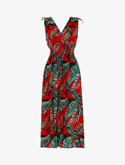 Robe à buste cache-coeur et imprimé tropical - rouge - 3