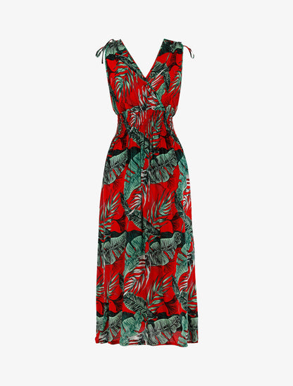 Robe à buste cache-coeur et imprimé tropical - rouge - 2