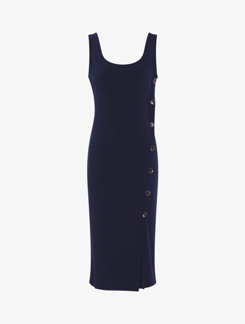 Robe côtelée à boutonnière en biais - marine - 1