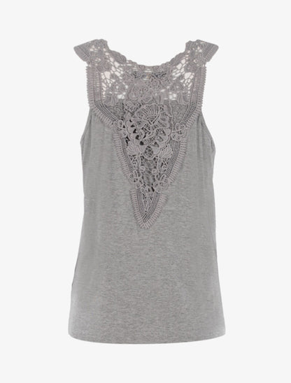 Top à empiècements tulle et crochet - gris clair - 2