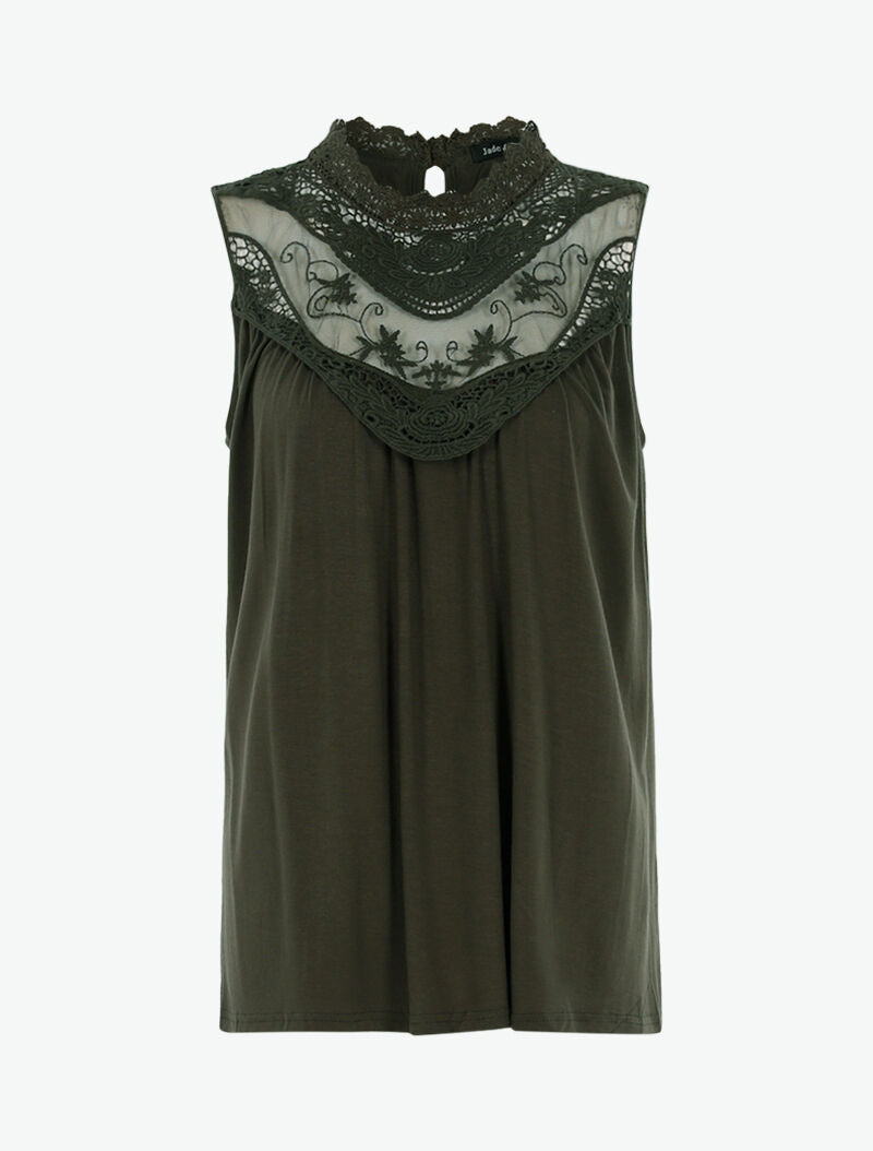Top à décolleté en tulle et crochet - kaki - 1