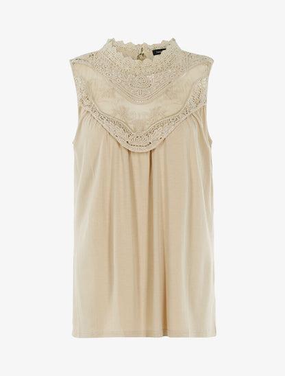 Top à décolleté en tulle et crochet - beige - 1