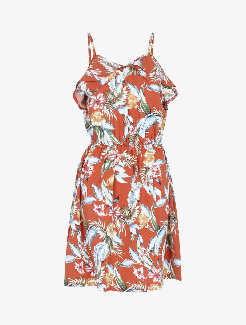 Robe imprimée à encolure volantée - orange - 1