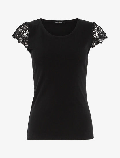 T-shirt à mancherons en crochet - noir - 1