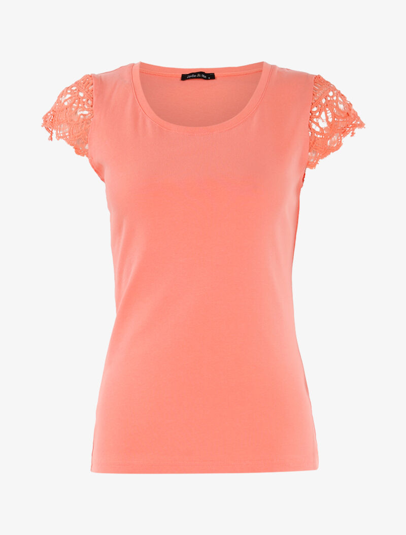 T-shirt à mancherons en crochet - corail - 1