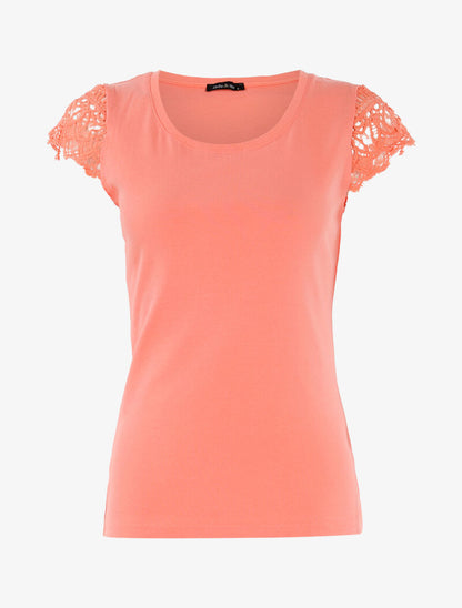 T-shirt à mancherons en crochet - corail - 1