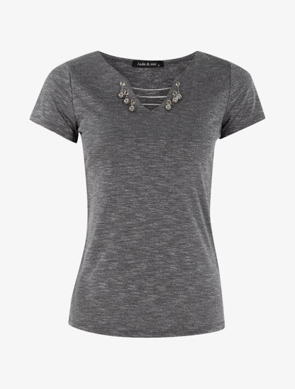 T-shirt chiné à détails chaînettes - gris foncé - 3