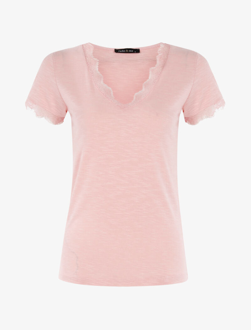 T-shirt chiné à bord dentelle - rose clair - 3