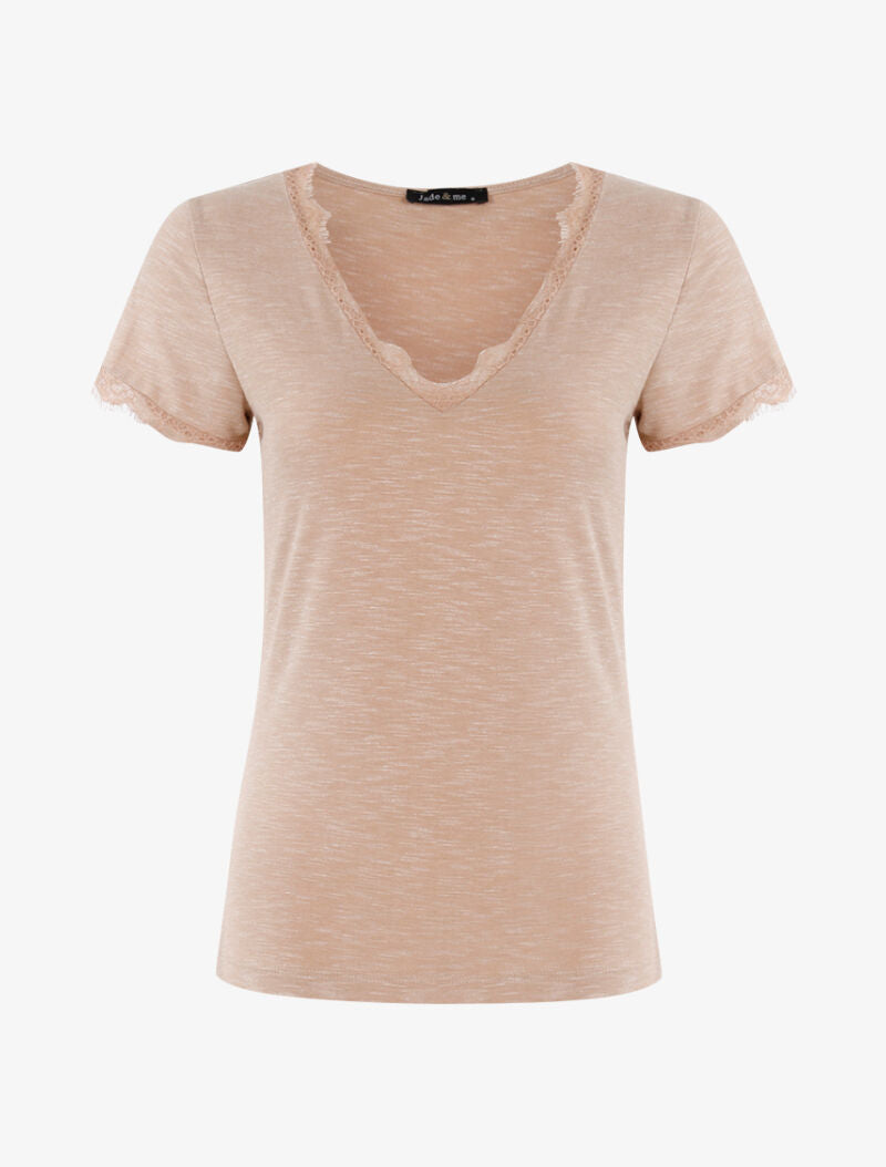 T-shirt chiné à bord dentelle - beige - 3