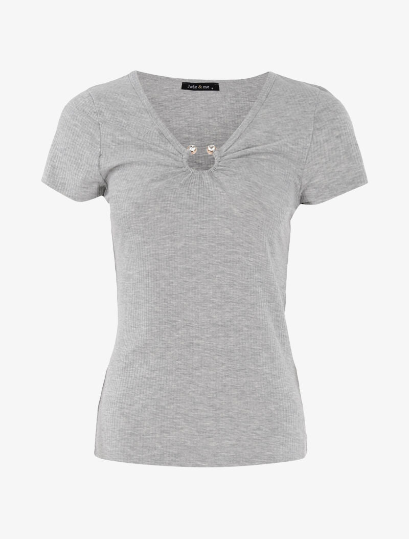 Top côtelé à col bijou - gris clair - 1