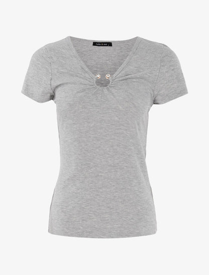 Top côtelé à col bijou - gris clair - 1