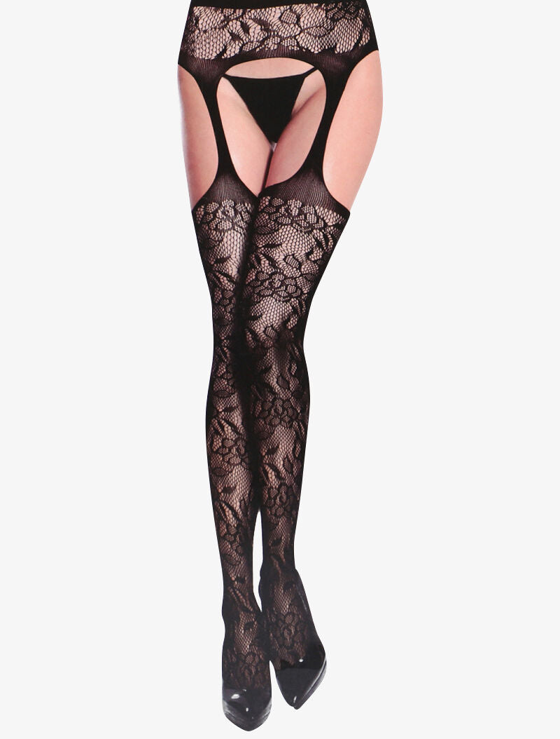 Collants ouverts en dentelle fleurie - noir - 1