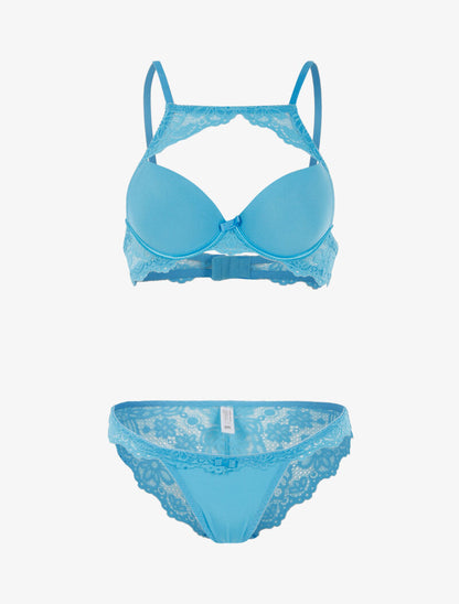 Ensemble à bande dentelle et tanga - turquoise - 1