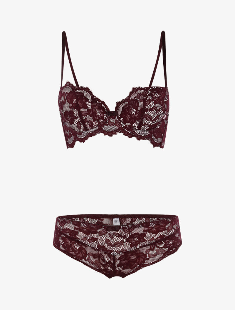 Ensemble dentelle doublée et tanga - prune/blanc - 1