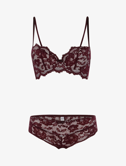 Ensemble dentelle doublée et tanga - prune/blanc - 1