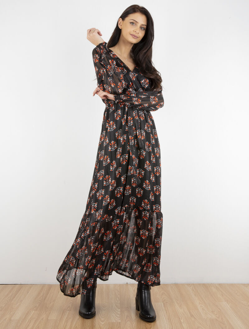 Robe longue cache-coeur imprimé fleurs abstraites - noir - 4