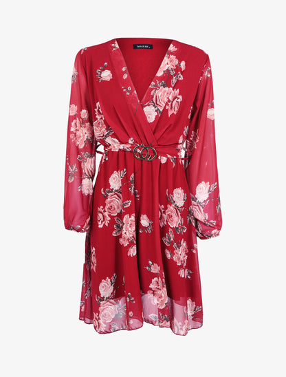 Robe fleurie à ceinture intégrée - bordeaux - 1