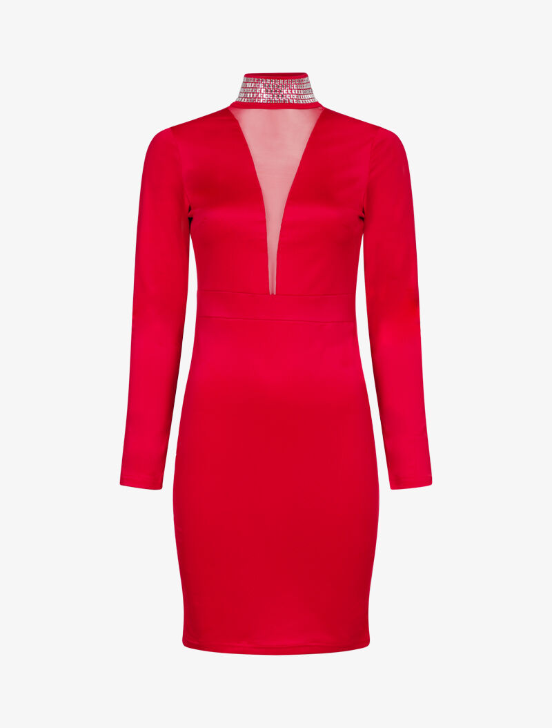 Robe à col montant strassé - rouge - 2