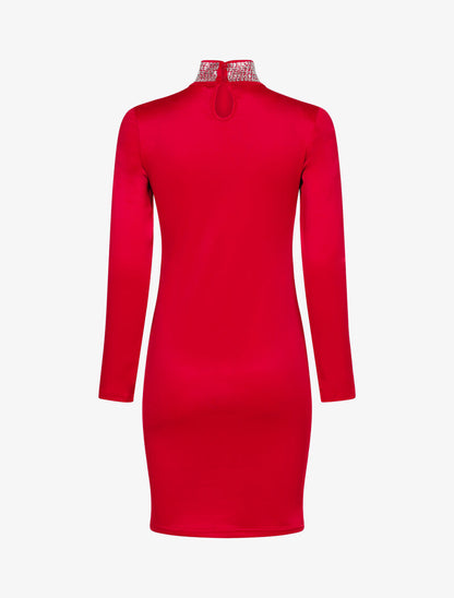 Robe à col montant strassé - rouge - 3