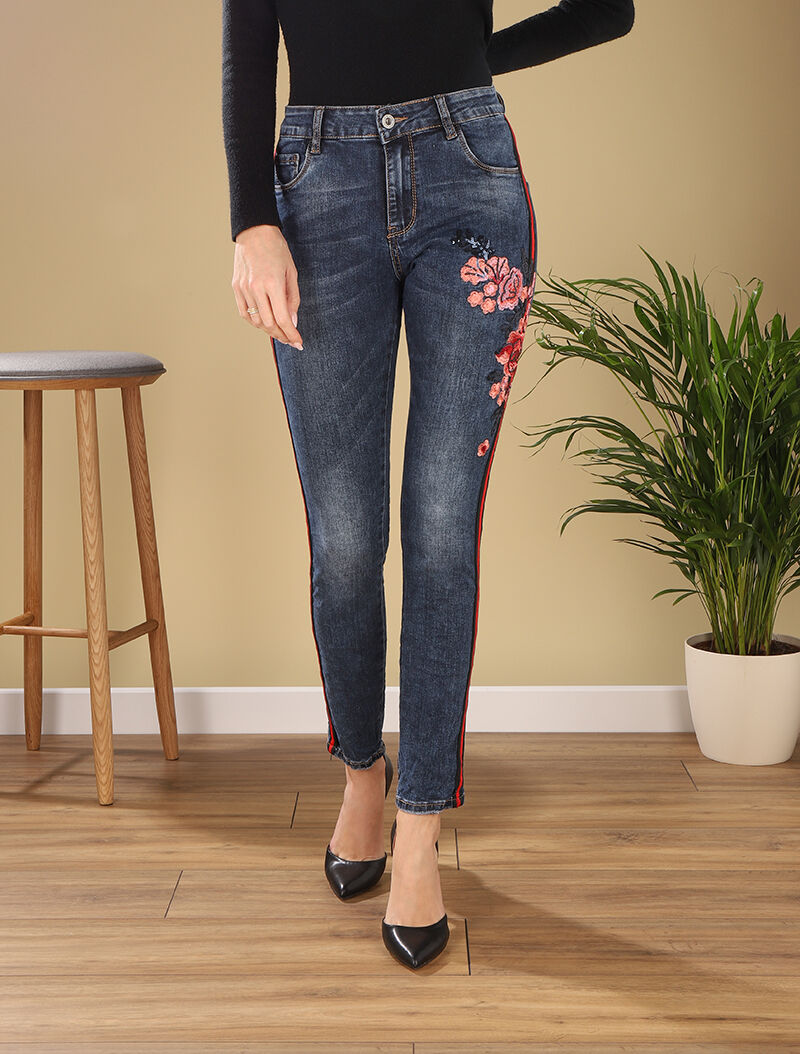 Jean à fleurs brodées - denim foncé - 1