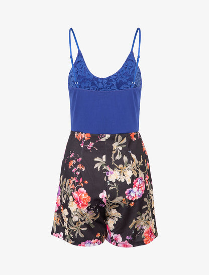 Combishort à buste dentelle et imprimé fleuri - bleu roi - 2