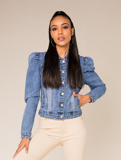 Veste courte en jean à manches gigots - bleu denim - 1