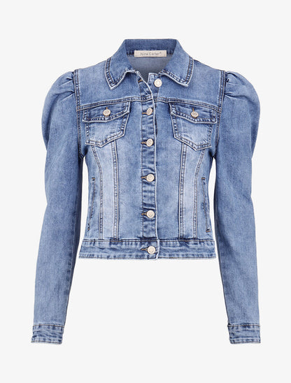 Veste courte en jean à manches gigots - bleu denim - 3