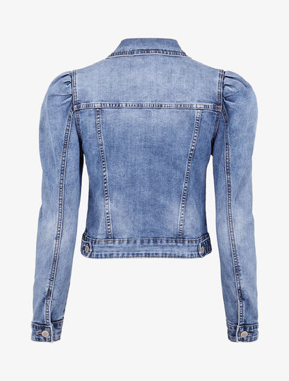 Veste courte en jean à manches gigots - bleu denim - 4