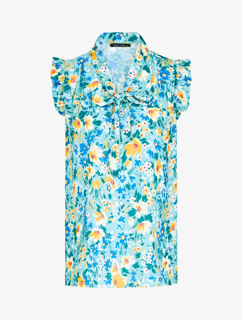 Top fleuri à emmanchures volantées - turquoise - 2