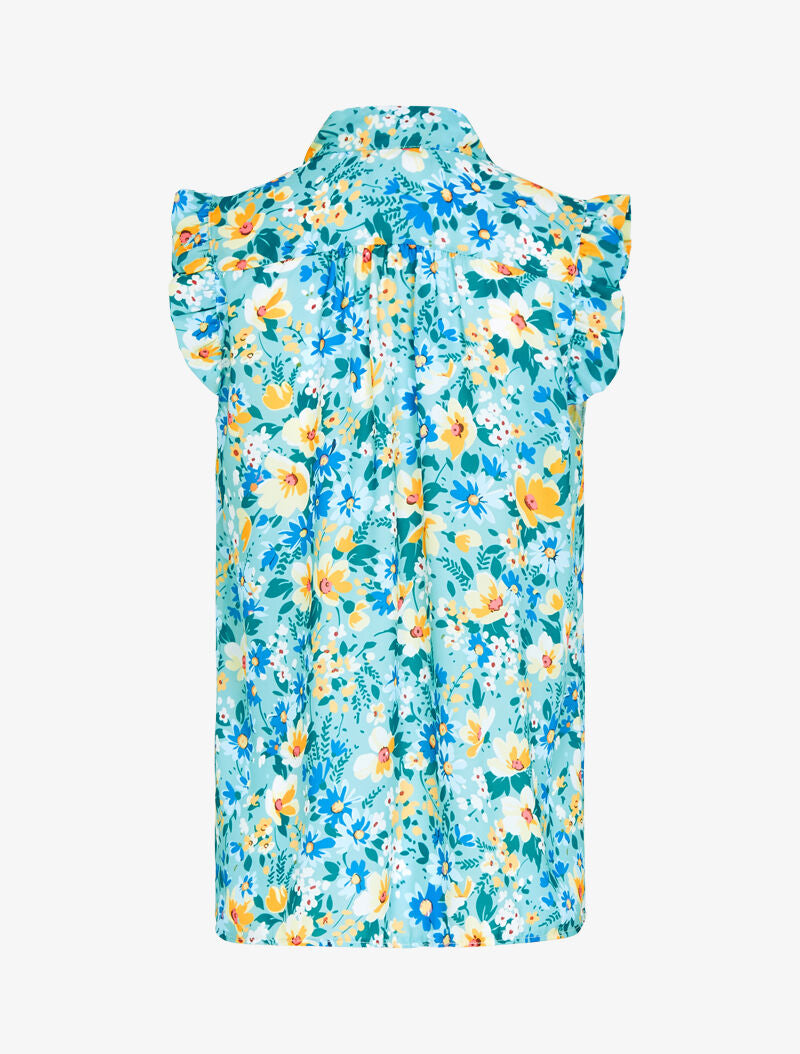 Top fleuri à emmanchures volantées - turquoise - 3