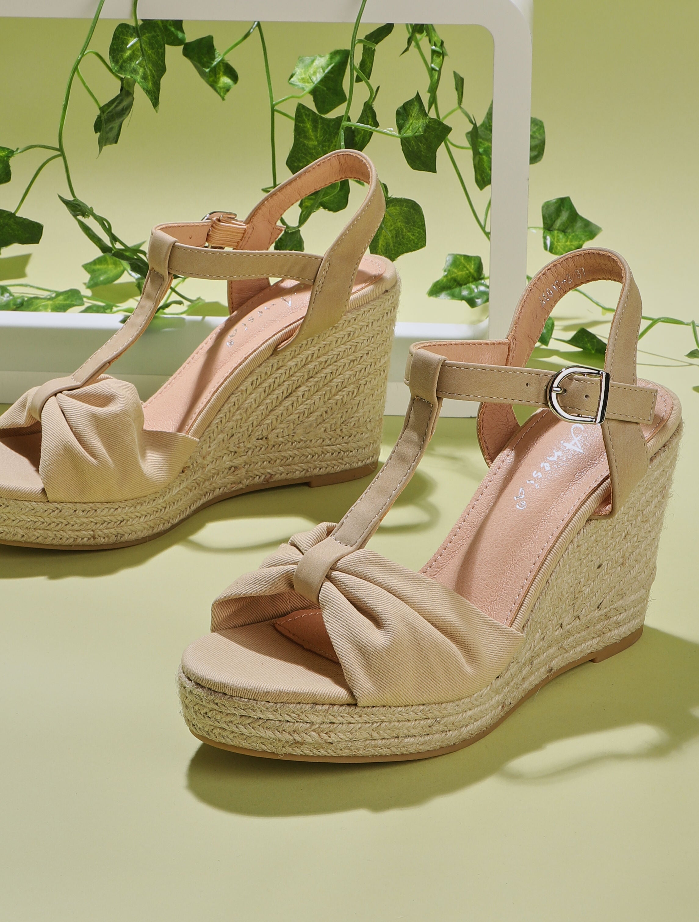 Compensées à ganse plissée en tissu - beige - 5
