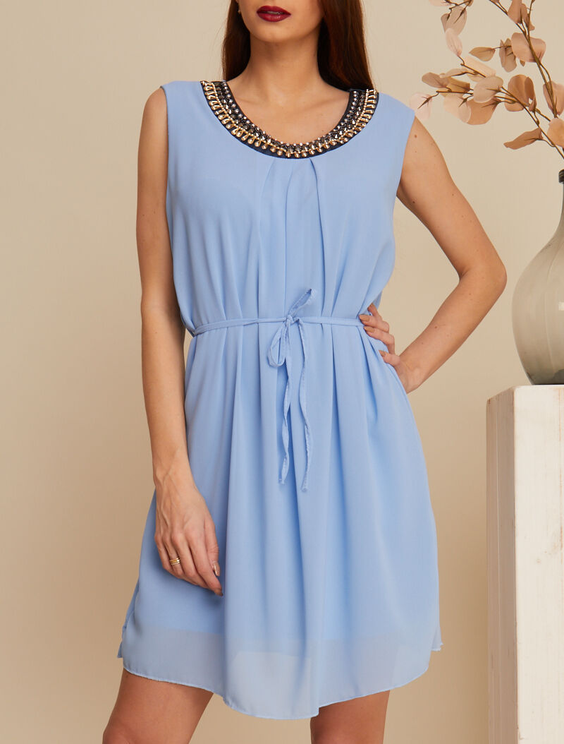 Robe coupe trapèze à col bijou - bleu ciel - 4