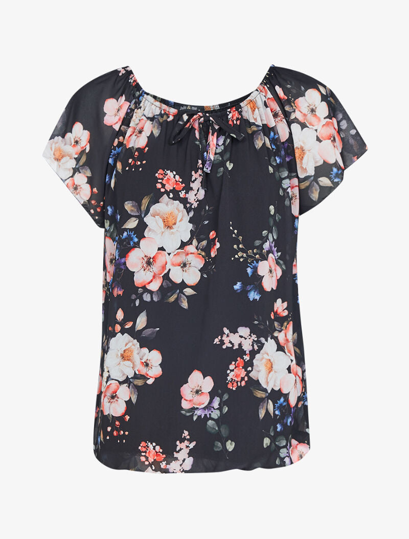 Top fleuri coupe boule - noir - 1