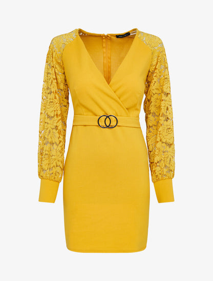 Robe ajustée à manches dentelle - jaune - 3