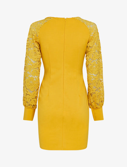 Robe ajustée à manches dentelle - jaune - 2