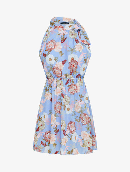 Robe à col americain et fleurs - bleu ciel - 1